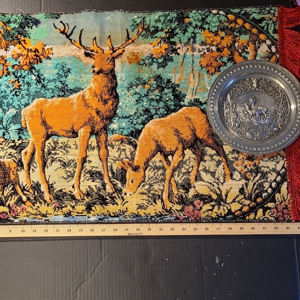 Rustic Deer Tapestry And  WMF Zinn pewter decorative plate. Vintage